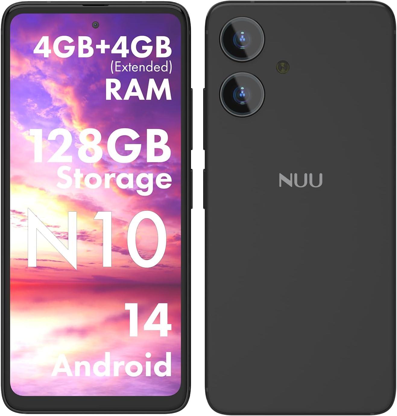 NUU N10 Basic Cell Phone for T-Mobile, Mint, Metro, Qlink, NUU N10 Basic Cell Phone for T-Mobile, Mint, Metro, Qlink, Tello and More 4GB/128GB, Perfect for Teenagers, Dual SIM 4G, Octa-Core 6.6" 90Hz HD+, Unlocked Phones Android Phone 14, US Warranty (Black)