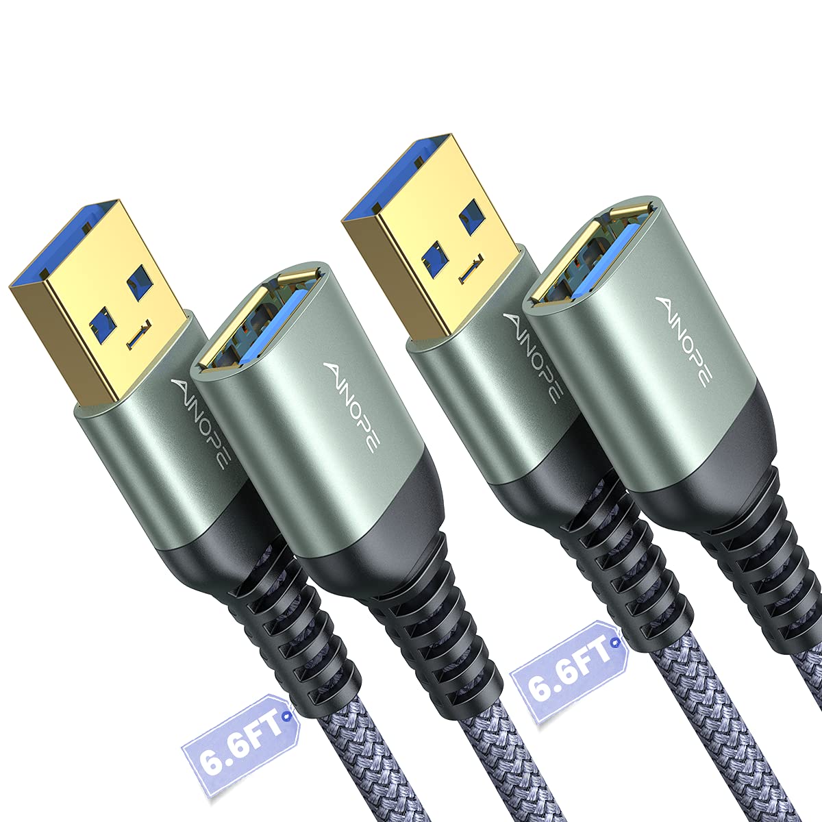 AINOPE 2 Pack USB Extensions Cable High Speed USB 3.0 AINOPE 2 Pack USB Extensions Cable High Speed USB 3.0 Extension Cord Type A Male to Female Sturdy Braided Material Fast Data Transfer Compatible with USB Keyboard,Mouse,Flash Drive,Grey,6.6FT+6.6FT