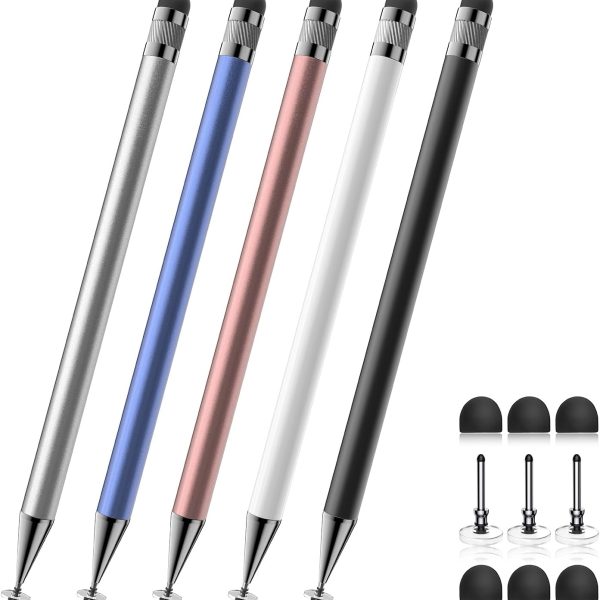 Stylus (5 Pcs), 2-in-1 Stylus Pen for Touch Screen, High Precision and Sensitivity, Suitable for iPhone/ipad/Android Tablets, Compatible with All Touch Screens (Black/White/Blue/Rose Gold/Silver)