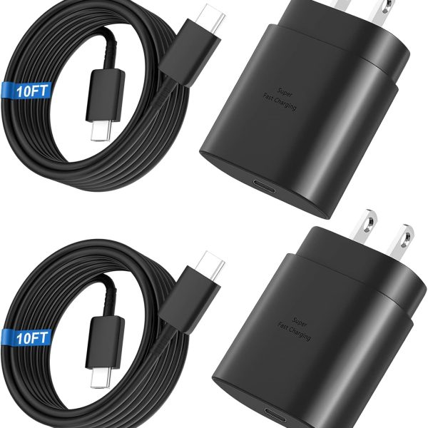 Super Fast Charger Type C, 25W USB C Wall Charger Fast Charging for Samsung Galaxy S25 Ultra/S25/S25+/S24+/S24 Ultra/S24/S24+/S23 Ultra/S22 Ultra/S21 with 10FT Long Android Type C Charger Cable 2Pack