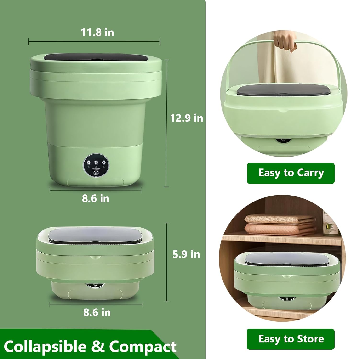 15L Portable Washing Machine, LGLRTD Small Foldable Washer with 3 Cleaning Modes for Baby Clothes, Underwear, Small Items, Mini Collapsible Laundry for Travel Apartment Home Hotel Camping (Green) 2 15L Portable Washing Machine, LGLRTD Small Foldable Washer with 3 Cleaning Modes for Baby Clothes, Underwear, Small Items, Mini Collapsible Laundry for Travel Apartment Home Hotel Camping (Green) - Image 2