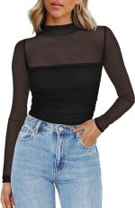 Zeagoo Womens Mesh Sheer Long Sleeve Top Mock Turtle Neck See Though Shirts Ruched Sexy Casual Going Out Blouses