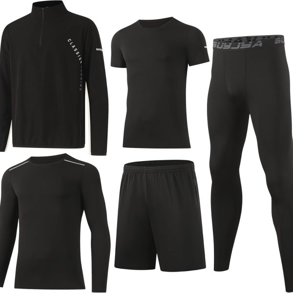 BUYJYA UYJYA 5Pcs Men's T Shirts Workout Long Sleeve Athletic Zip Pocket Shorts Jackets Compression Pants Gym Clothes Running