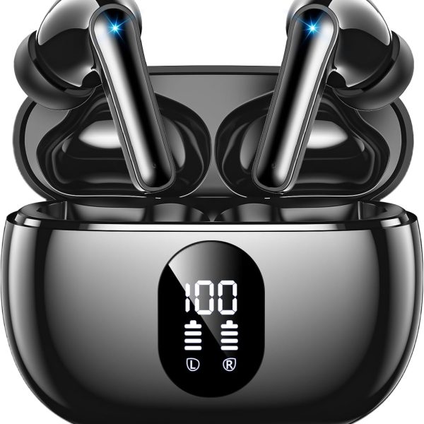 Wireless Earbuds Bluetooth 5.3 Ear Buds, Hi-Fi Stereo Bass Ear Buds with 48H Playtime & LED Display, Lightweight in-Ear Headphones with Mic, IPX7 Waterproof, Touch Control for iPhone