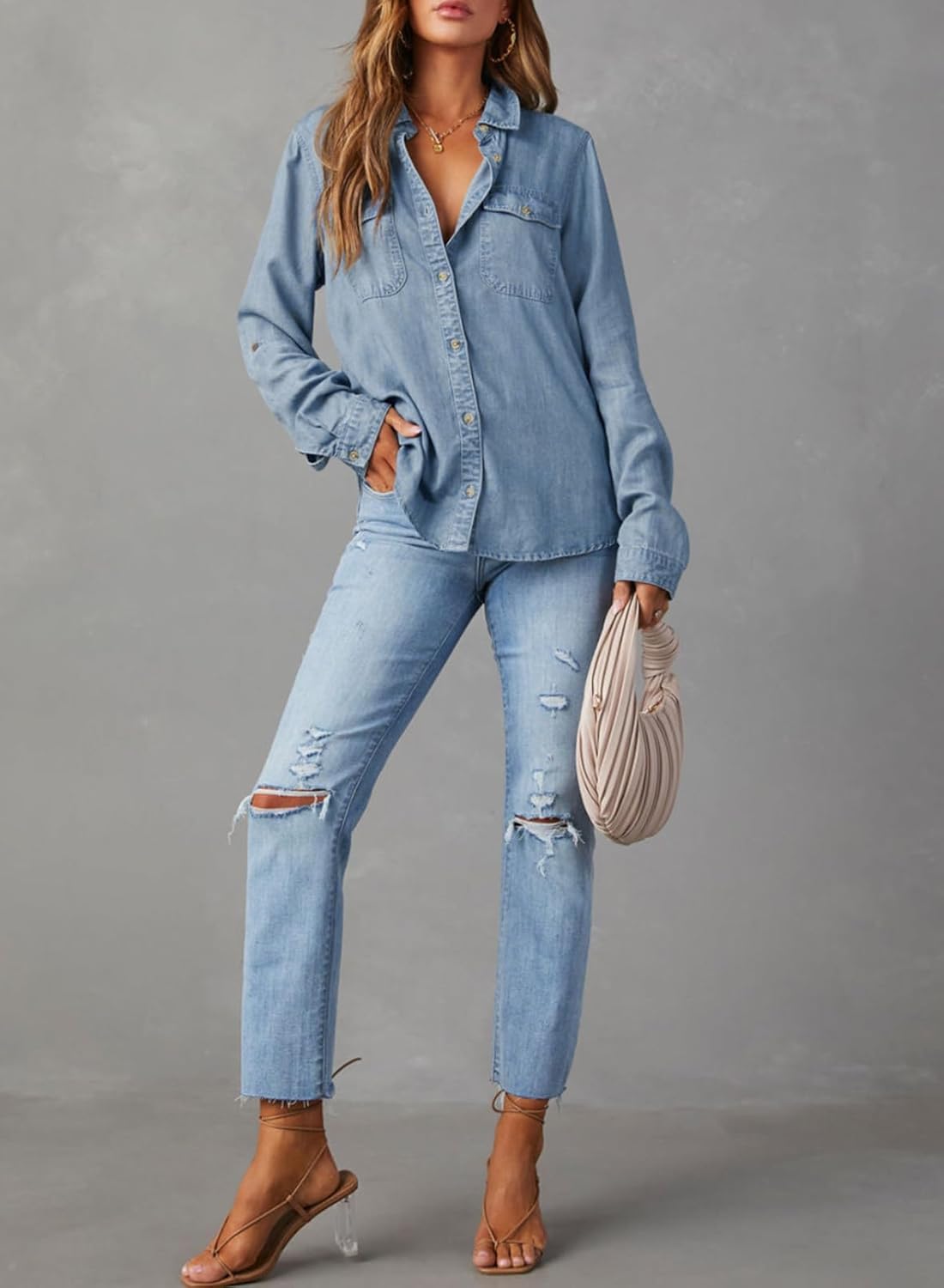 Astylish Women Button Down Denim Shirts Casual Long Sleeve V Neck Chambray Blouse Top 4 Astylish Women Button Down Denim Shirts Casual Long Sleeve V Neck Chambray Blouse Top - Image 4