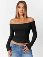 Trendy Queen Womens Long Sleeve Off The Shoulder Tops Going Out Cute Basic Y2K Fall Fashion 2025 Outfits Clothes - Image 2