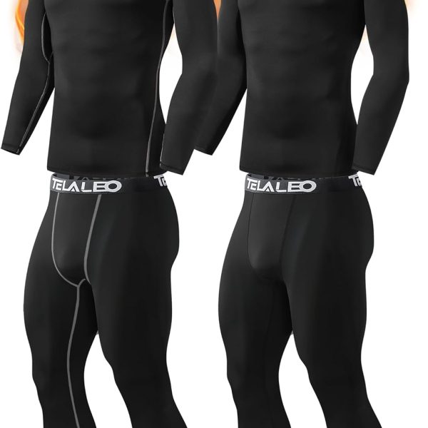 TELALEO 2 Set Mens Thermal Underwear Fleece Lined Long Johns 4 Pcs Base Layer Shirts Pant for Cold Winter Weather