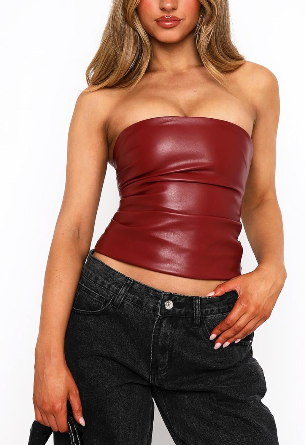 OZICERD Faux Leather Tube Top Strapless Going Out Tops for Women Sexy Club Tops Rave Concert Outfit Ruched Bandeau Crop Top 8 OZICERD Faux Leather Tube Top Strapless Going Out Tops for Women Sexy Club Tops Rave Concert Outfit Ruched Bandeau Crop Top - Image 8