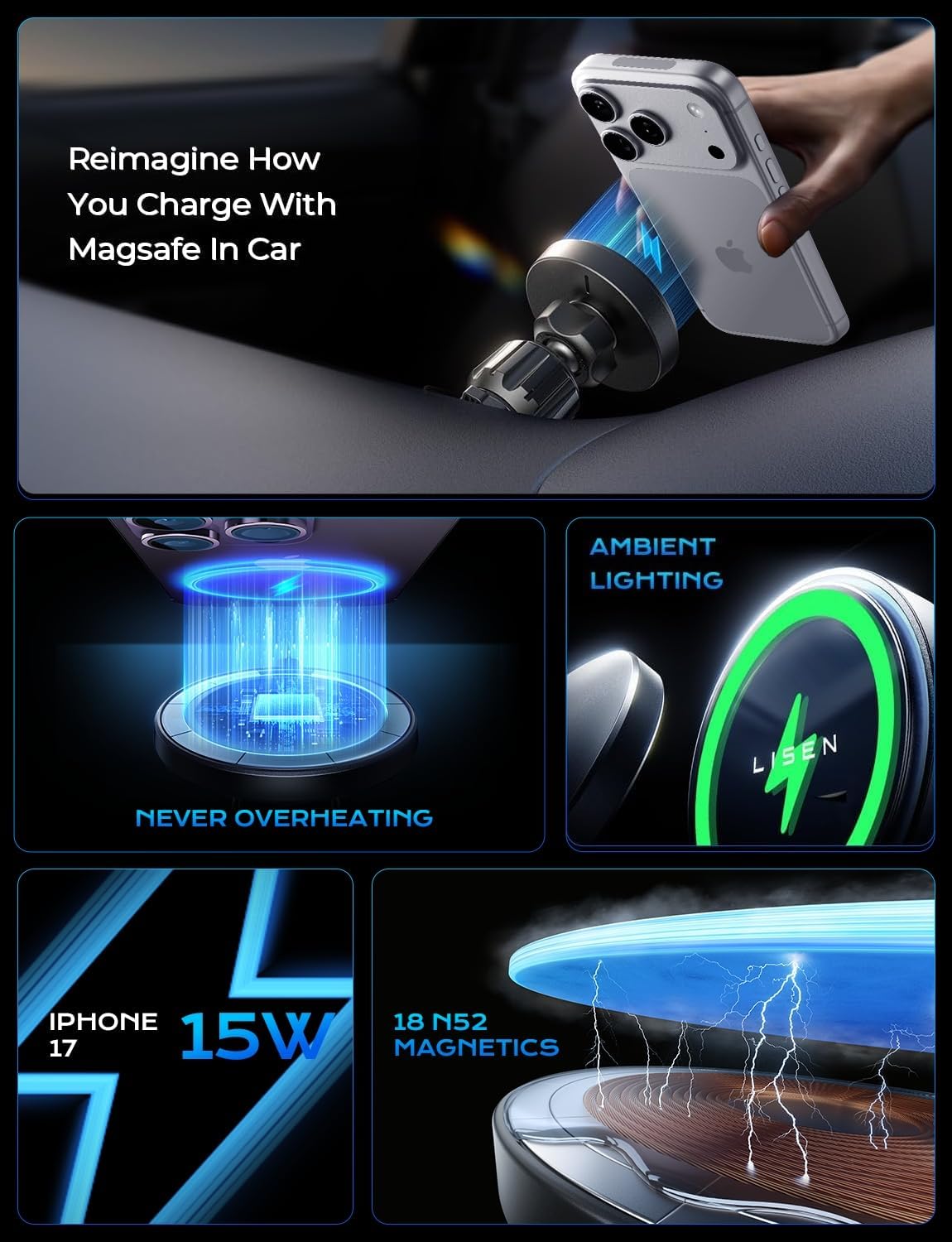 LISEN for 15W MagSafe Car Mount Charger,Magnetic Wireless Car Charger for iPhone 17 Pro Max Accessories,Magnetic Phone Holder for iPhone 17 Air Pro Max Plus 16 15 14 13 12,Samsung S25/24 with MagSafe 3 LISEN for 15W MagSafe Car Mount Charger,Magnetic Wireless Car Charger for iPhone 17 Pro Max Accessories,Magnetic Phone Holder for iPhone 17 Air Pro Max Plus 16 15 14 13 12,Samsung S25/24 with MagSafe - Image 3