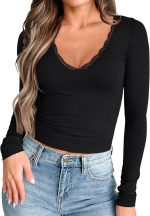 PINKMSTYLE Women Sexy V Neck Lace Long Sleeve Shirts Basic Fitted Double Lined Going Out Y2K Trendy Fall Tops - Image 2