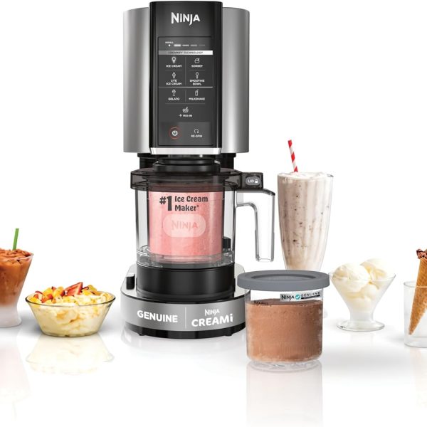 Ninja NC301 CREAMi Ice Cream Maker, for Gelato, Mix-ins, Milkshakes, Sorbet, Smoothie Bowls & More, 7 One-Touch Programs, with (2) Pint Containers & Lids, Compact Size, Perfect for Kids, Silver