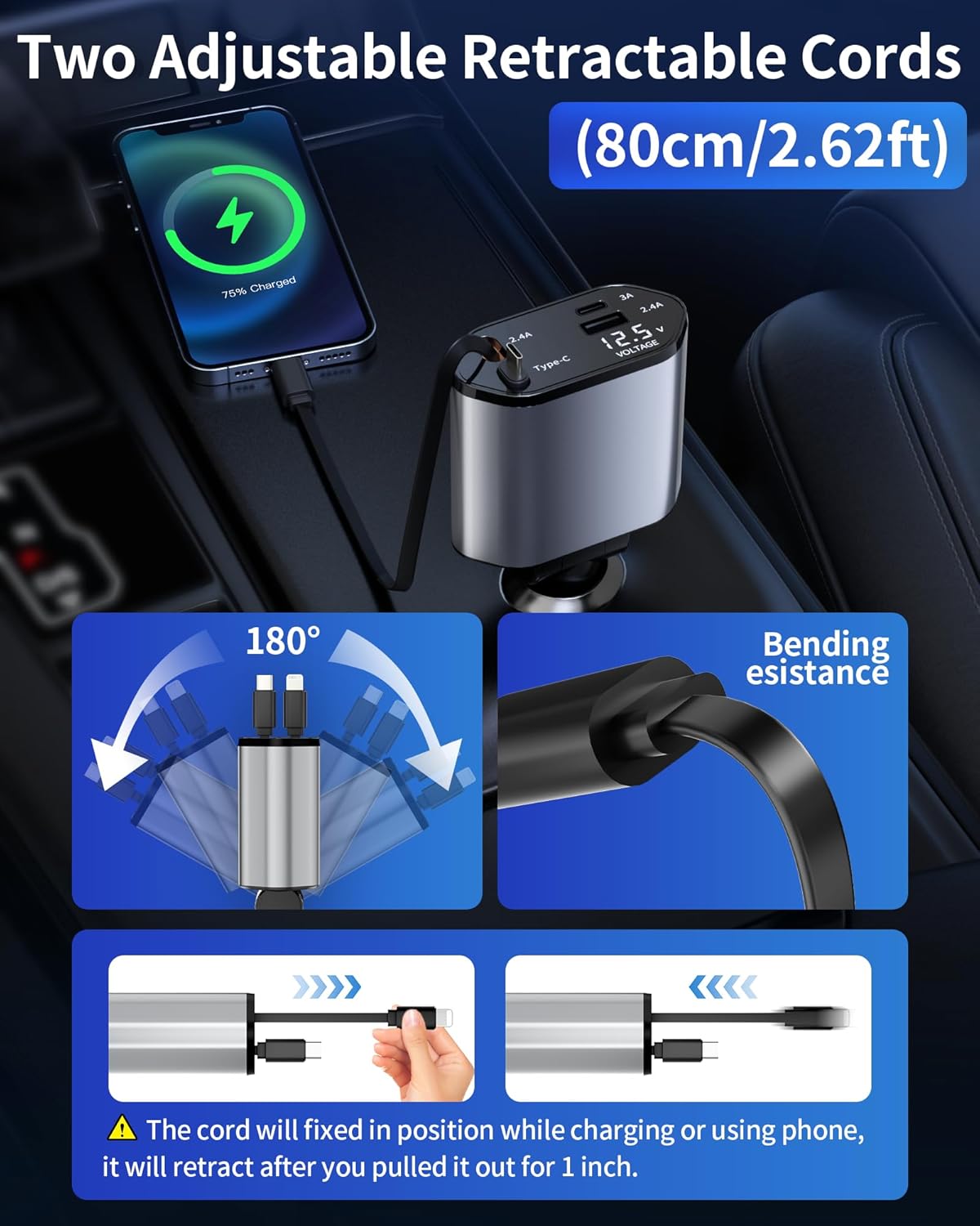 Retractable Car Charger, 4 in 1 Fast Charging Car Charger USB-C & USB-A Compatible with iPhone 16/15/14/13/12/11,Galaxy,Pixel 2 Retractable Car Charger, 4 in 1 Fast Charging Car Charger USB-C & USB-A Compatible with iPhone 16/15/14/13/12/11,Galaxy,Pixel - Image 2