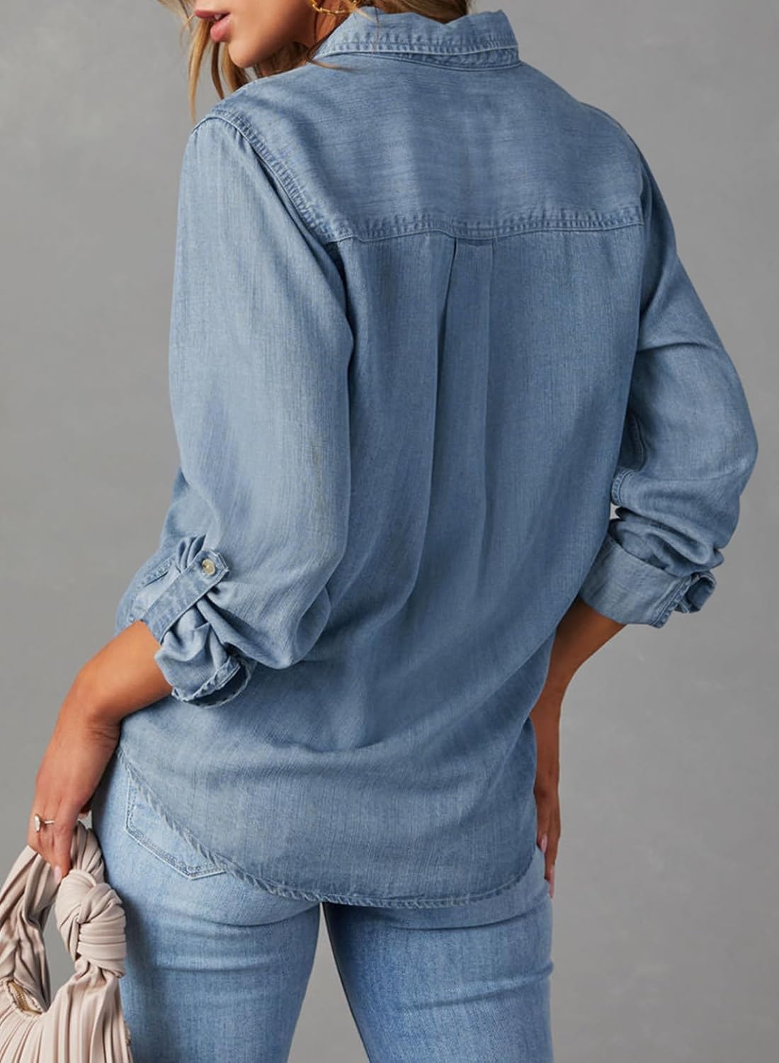 Astylish Women Button Down Denim Shirts Casual Long Sleeve V Neck Chambray Blouse Top 3 Astylish Women Button Down Denim Shirts Casual Long Sleeve V Neck Chambray Blouse Top - Image 3