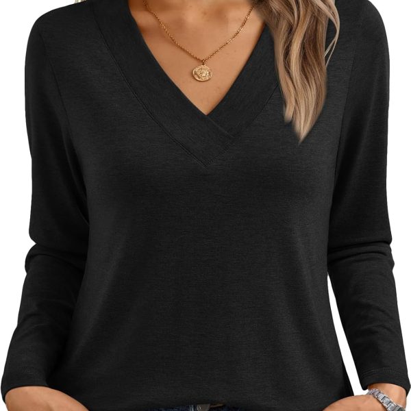 AUTOMET Long Sleeve Shirts for Women Tops V Neck Casual Top Comfortable Shirt Soft Basic Tees Women Blouses