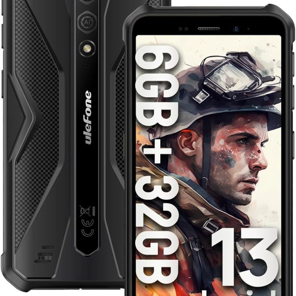 Ulefone Armor X12 Rugged Smartphone, Waterproof Phones Unlocked, Octa-core Android 13, 6GB+32GB, Dual SIM Global 4G LTE, 4860mAh Battery, Face Recognition, Bluetooth, NFC, Compass - Black