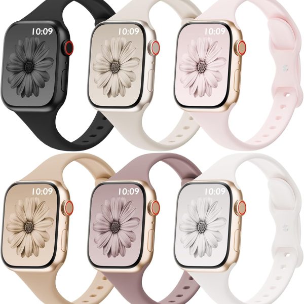6 Pack Thin Bands Compatible with Apple Watch Band 38mm 40mm 41mm 42mm 44mm 45mm 46mm 49mm Women Men, Sport Silicone Strap Slim Wristband for iWatch Series 11 10 9 8 SE 7 6 5 4 3 2 1 Ultra