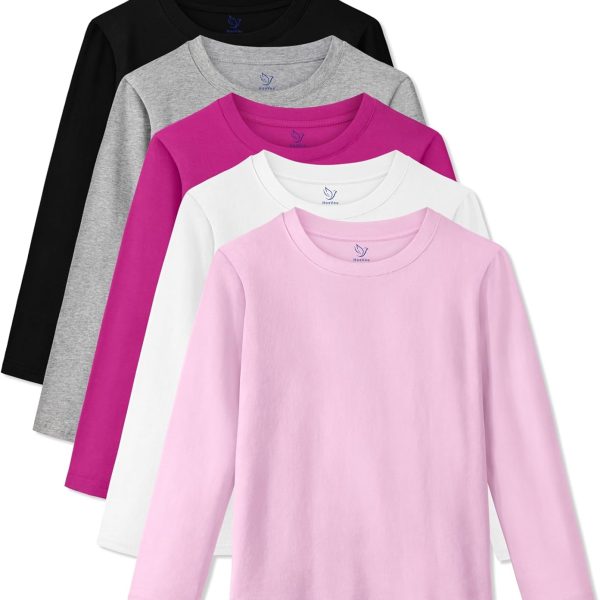 5 Pack Girls Long Sleeve Shirts Cotton T-Shirts Long-Sleeve Tagless Layering Tees for Youth Teen Girls 5-18 Years