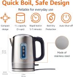 Amazon Basics Electric Stainless Steel Kettle for Tea and Coffee, BPA-Free, Fast Boiling, Auto Shut-Off, 1.1 Quarts, 1500W, Black and Silver - Image 2