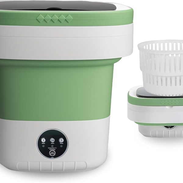 Portable Washing Machine, 15L Mini Collapsible Washer with 3 Cleaning Modes for Baby Clothes, Underwear, Small Foldable Laundry for Travel Apartment Home Dorm Hotel Camping (White+Green)