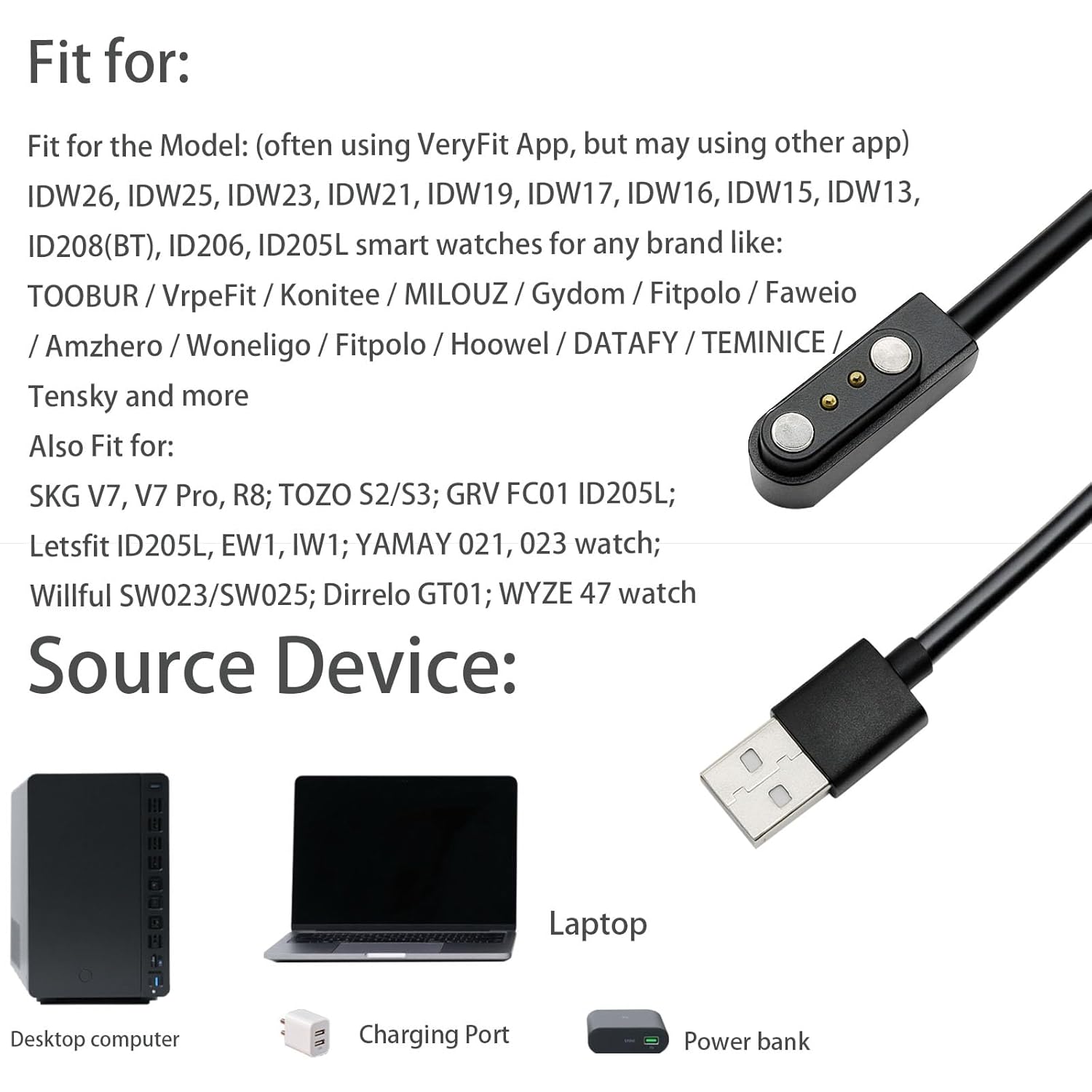 Charger Compatible with VeryFitPro, Fitpolo, Tozo, and YAMAY Smartwatches Including Models SW025, Letsfit ID205L, Replaceable Magnetic USB Cable, Smart Watch Fast Charger (2, Black) 6 Charger Compatible with VeryFitPro, Fitpolo, Tozo, and YAMAY Smartwatches Including Models SW025, Letsfit ID205L, Replaceable Magnetic USB Cable, Smart Watch Fast Charger (2, Black) - Image 6