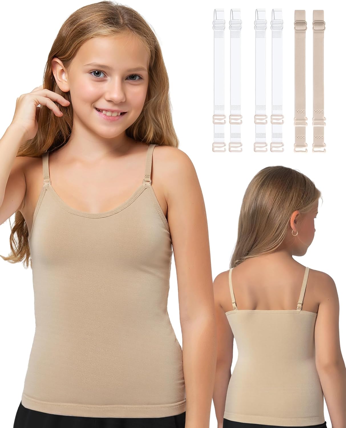 Camisole Tank Tops for Girls, Stretch Undershirts Comfortable Camis with Camisole Tank Tops for Girls, Stretch Undershirts Comfortable Camis with Clear Straps and Silicone Cover