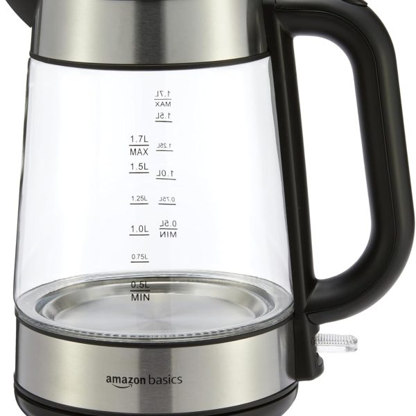 Amazon Basics Electric Kettle with Glass Carafe for Tea and Coffee, BPA-Free, Fast Boiling, Auto Shut-Off, 1.8 Quarts, 1500W, Black and Silver