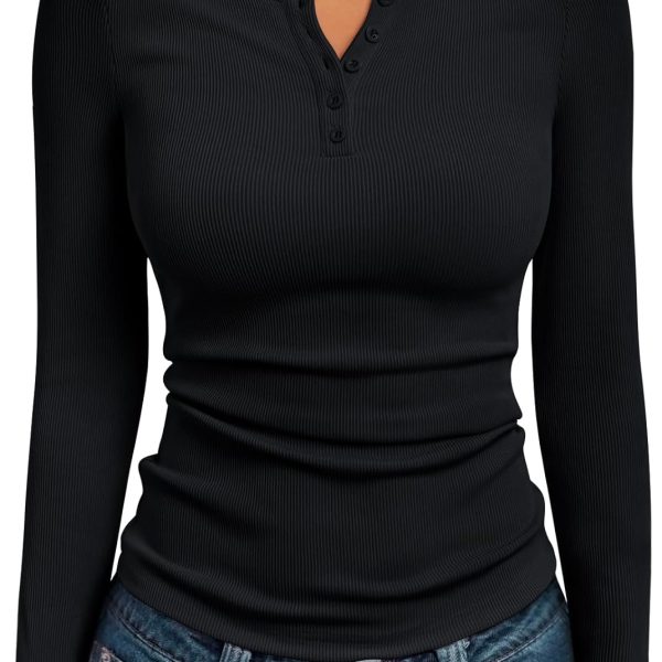 Trendy Queen Womens Long Sleeve Shirts 2025 Henley Casual Fall Outfits Fitted Tops Ribbed Fashion Basic Tees