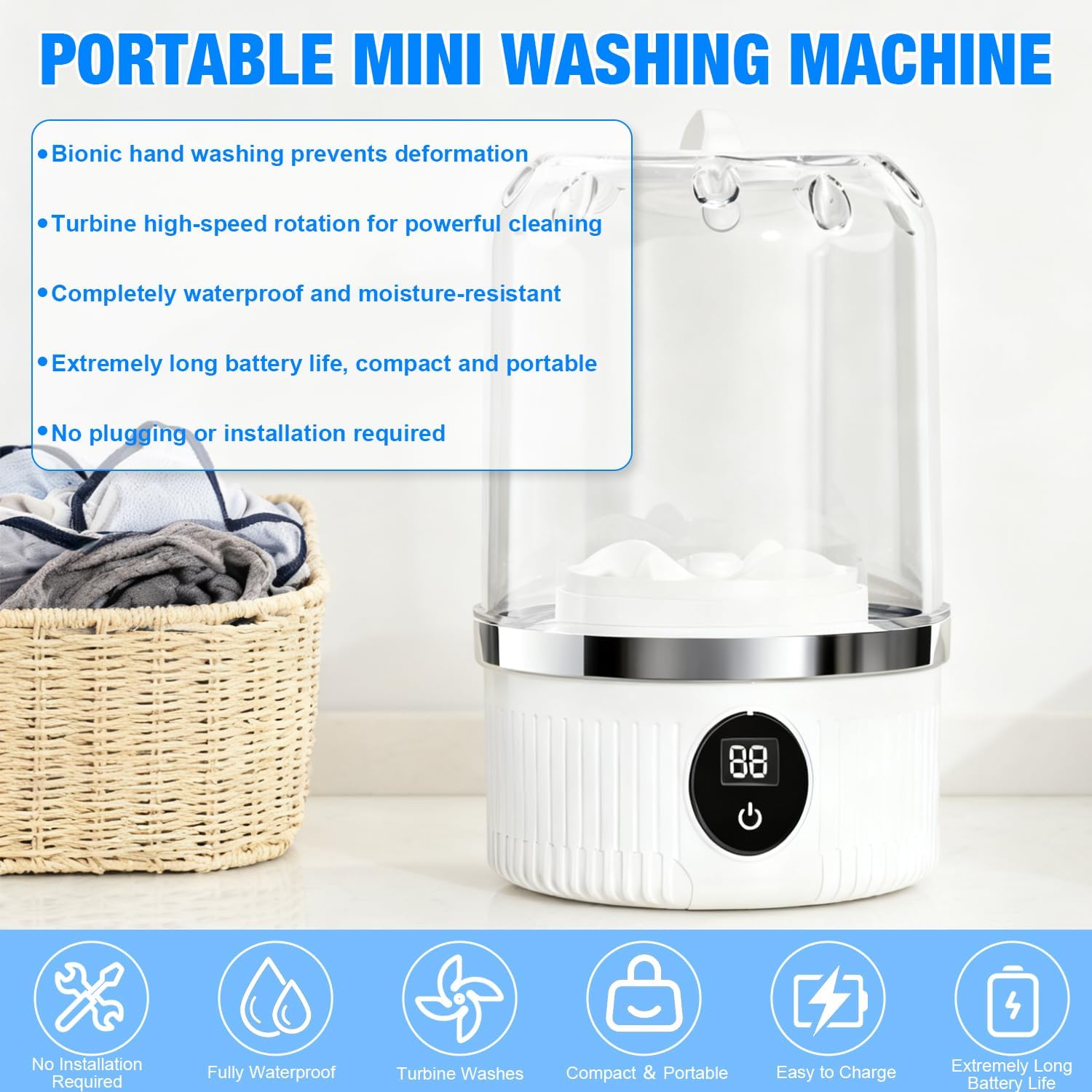 Underwear Washer, Portable Mini Washing Machine, 3000mAh Rechargeable Cordless Washing-machine, Portable Small Wireless Washing Machine for Home Use, for Underwear, Small Loads, Baby Clothes (White) 2 Underwear Washer, Portable Mini Washing Machine, 3000mAh Rechargeable Cordless Washing-machine, Portable Small Wireless Washing Machine for Home Use, for Underwear, Small Loads, Baby Clothes (White) - Image 2