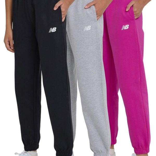 New Balance Girls Active Fleece Jogger 3 Pack – Soft Cotton Blend Fleece Athletic Performance Casual Sweatpants (4-16)