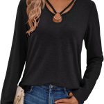 Women's Long Sleeve Tops Keyhole Neck Detail Crew Neck Shirts Ring Cut Out Design Stretchy Tees 2025