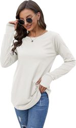 Fisoew Women's Casual Long Sleeve Tops Crew Neck Round Hem Loose T-Shirts Tunic Tops with Thumb Holes - Image 4