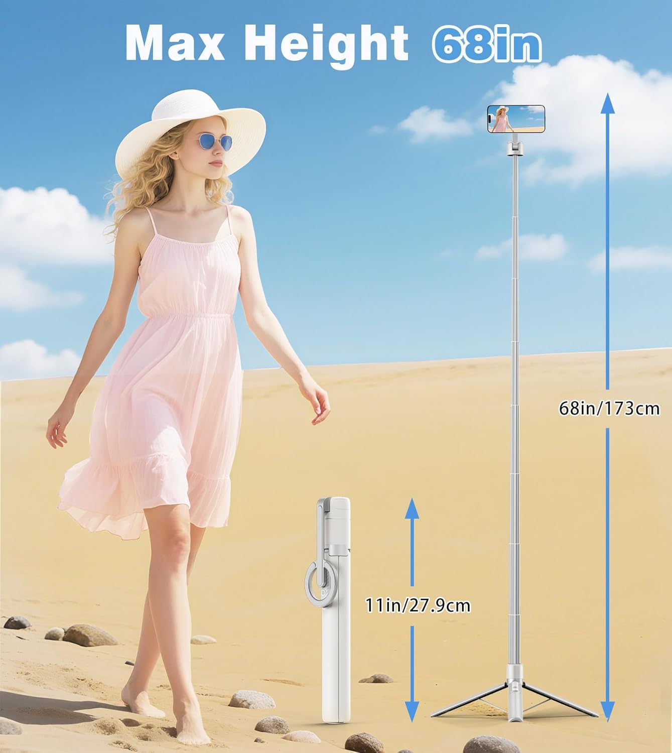 TONEOF 68" Magnetic Selfie Stick Tripod with Aluminum Strong Magnetic Holder for Magsafe, 360° Rotatable Travel Phone Tripod Stand with Metal Ring & Rechargeable Remote for iPhone/Android(Beige Gray) 4 TONEOF 68" Magnetic Selfie Stick Tripod with Aluminum Strong Magnetic Holder for Magsafe, 360° Rotatable Travel Phone Tripod Stand with Metal Ring & Rechargeable Remote for iPhone/Android(Beige Gray) - Image 4