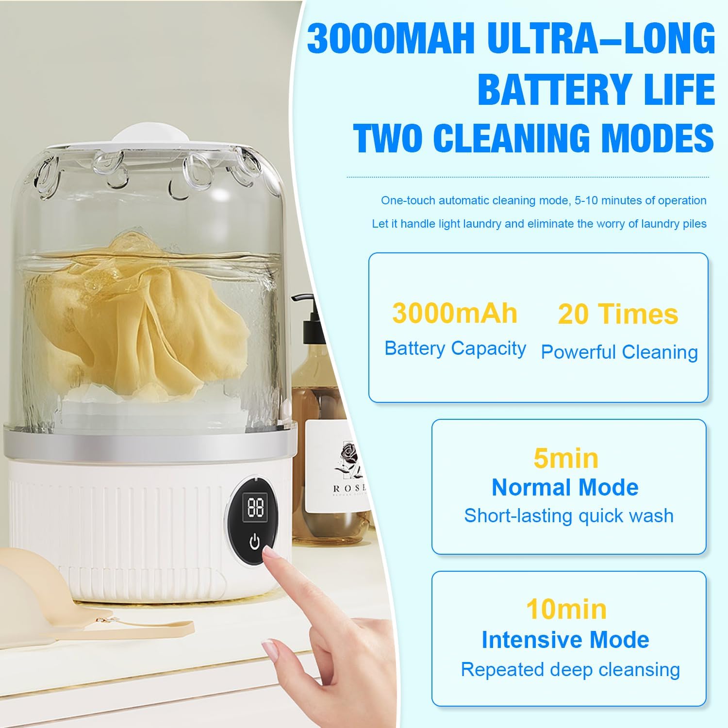 Underwear Washer, Portable Mini Washing Machine, 3000mAh Rechargeable Cordless Washing-machine, Portable Small Wireless Washing Machine for Home Use, for Underwear, Small Loads, Baby Clothes (White) 4 Underwear Washer, Portable Mini Washing Machine, 3000mAh Rechargeable Cordless Washing-machine, Portable Small Wireless Washing Machine for Home Use, for Underwear, Small Loads, Baby Clothes (White) - Image 4