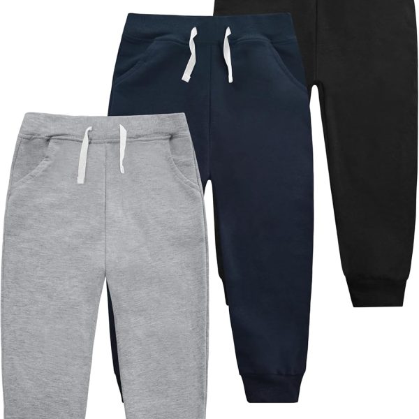 VOGRYE 3 Pack Boys Cotton Toddler Sweatpants Boys Joggers Pants with Pocket Drawstring for Kids 2T-14 Years