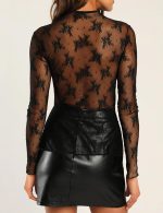 AKEWEI Womens Mesh Long Sleeve Tops Crew Neck Sexy See Through Tee Shirts Party Club Night Lace Blouse - Image 2