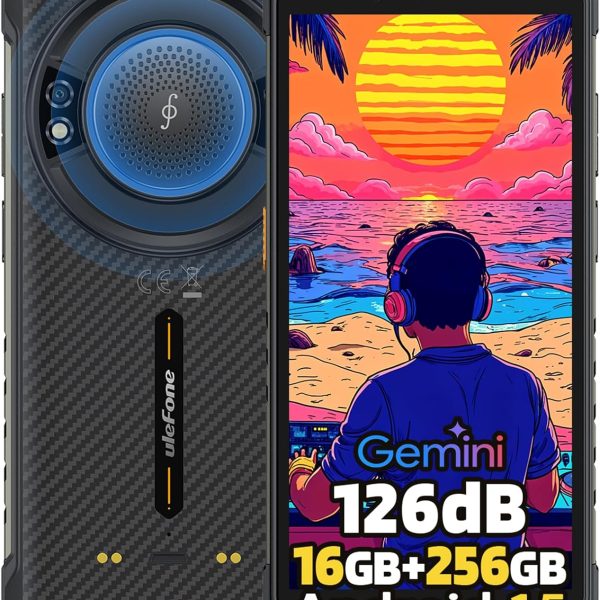 Ulefone RugKing Android 15 Rugged Smartphone, 9600mAh Battery, 126dB Loudest Speaker, 16GB+256GB 50MP Rear Camera 5.99" Tough Phone, Built-in 126 Lumens Glare Flashlight, NFC/Dual SIM/Widevine L1