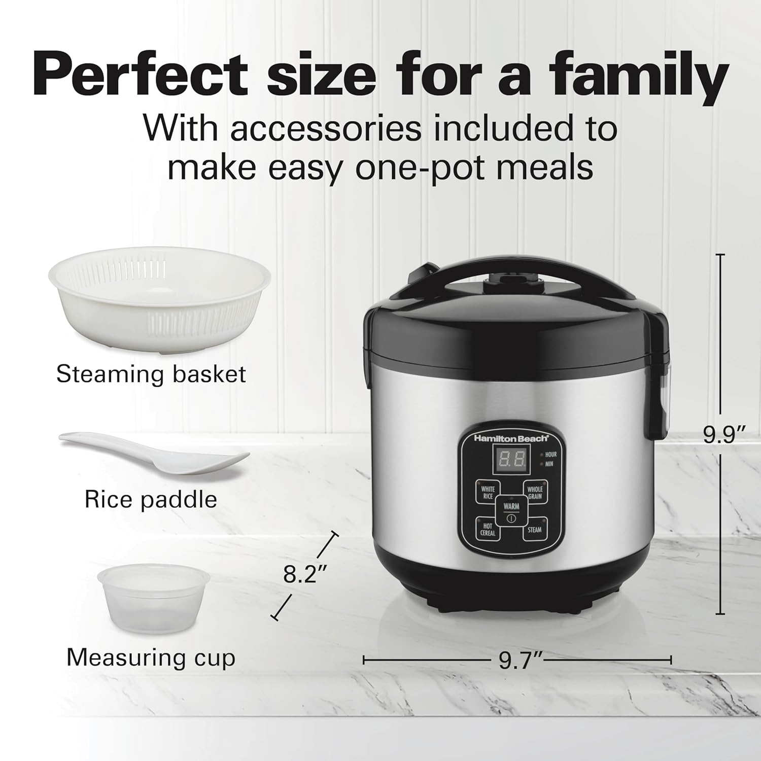 Hamilton Beach Digital Programmable Rice Cooker & Food Steamer, 8 Cups Cooked (4 Uncooked), With Steam & Rinse Basket, Stainless Steel (37518) 3 Hamilton Beach Digital Programmable Rice Cooker & Food Steamer, 8 Cups Cooked (4 Uncooked), With Steam & Rinse Basket, Stainless Steel (37518) - Image 3
