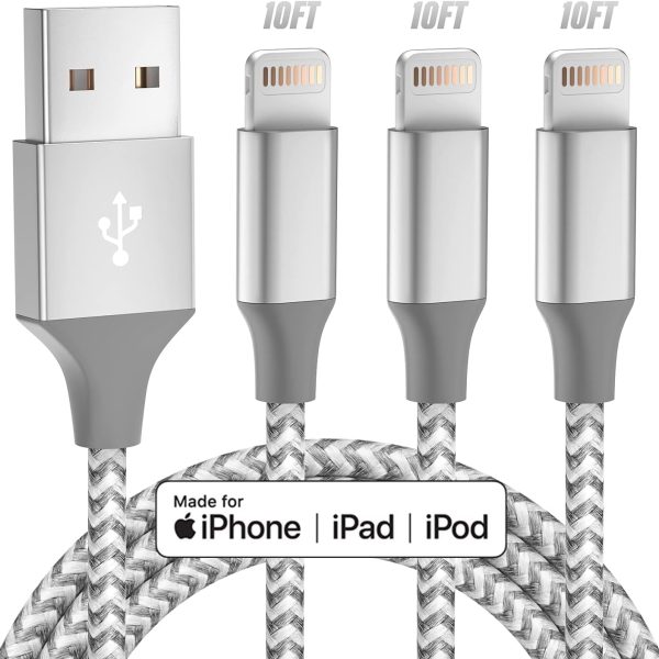 iPhone Charger 3pack 10FT Apple MFi Certified Long Lightning Cable Fast Charging High Speed Data Sync USB Cable Compatible iPhone 14/13/12/11 Pro Max/XS MAX/XR/XS/X/8/7/Plus/6S (Grey White)