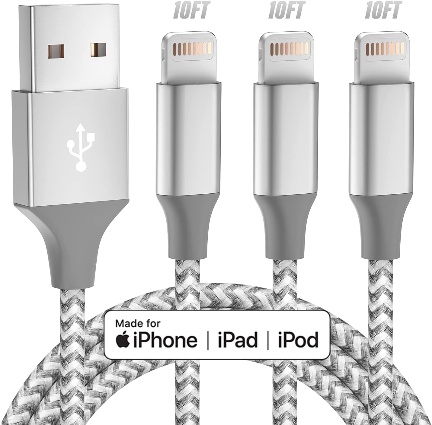 iPhone Charger 3pack 10FT Apple MFi Certified Long Lightning Cable iPhone Charger 3pack 10FT Apple MFi Certified Long Lightning Cable Fast Charging High Speed Data Sync USB Cable Compatible iPhone 14/13/12/11 Pro Max/XS MAX/XR/XS/X/8/7/Plus/6S (Grey White)