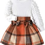 Noubeau Toddler Girls Plaid Outfits Girls Puff Sleeve Knit Ribbed Shirt Tops Plaid Skirt Set Kids Fall Winter Clothes