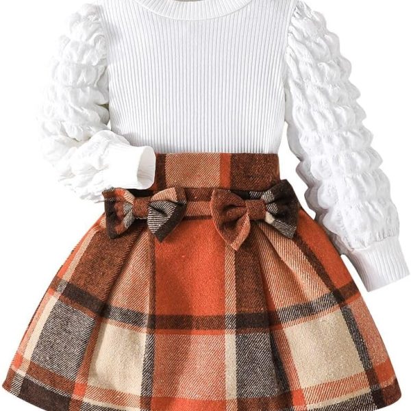 Noubeau Toddler Girls Plaid Outfits Girls Puff Sleeve Knit Ribbed Shirt Tops Plaid Skirt Set Kids Fall Winter Clothes