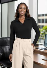 WIHOLL Womens Polo Shirts Long Sleeve Business Casual Tops Collared V Neck Ribbed Knit Sweater Slim Fit Blouses - Image 2