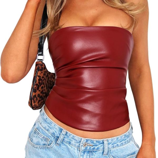 OZICERD Faux Leather Tube Top Strapless Going Out Tops for Women Sexy Club Tops Rave Concert Outfit Ruched Bandeau Crop Top