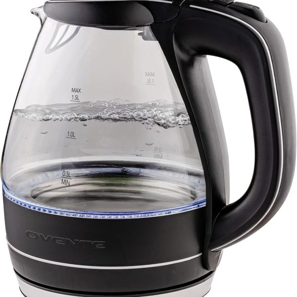OVENTE Electric Kettle, 1.5L Borosilicate Glass Countertop Water Heater and Boiler for Coffee or Tea, BPA-Free, Auto Shut-Off, Boil-Dry Protection, Removable and Washable Spout Filter, Black KG83B