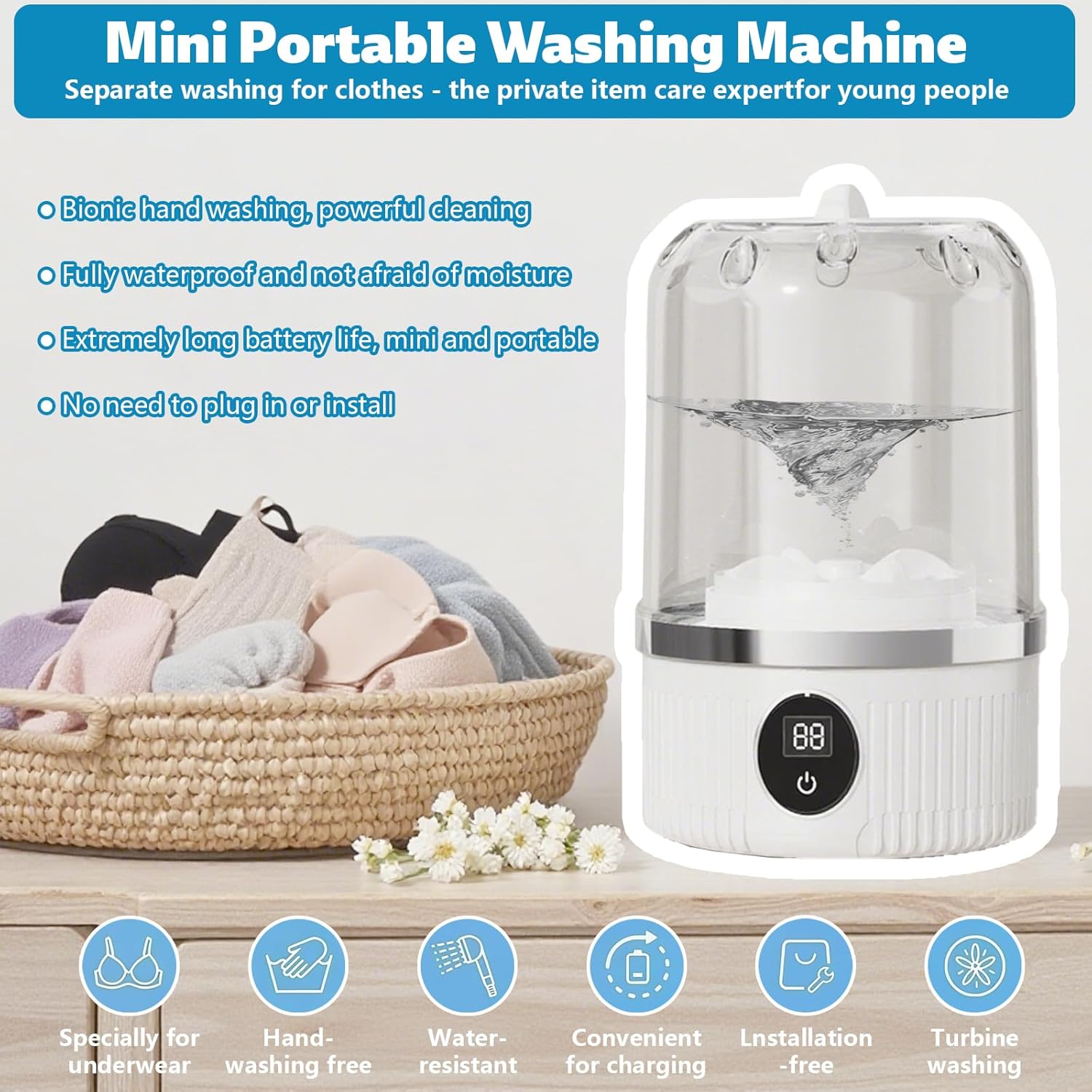 Underwear Washer, Mini Portable Washing Machine, Rechargeable Cordless Washing-Machine for Travel, Apartment, Dorm, RV, Hotel 2 Underwear Washer, Mini Portable Washing Machine, Rechargeable Cordless Washing-Machine for Travel, Apartment, Dorm, RV, Hotel - Image 2