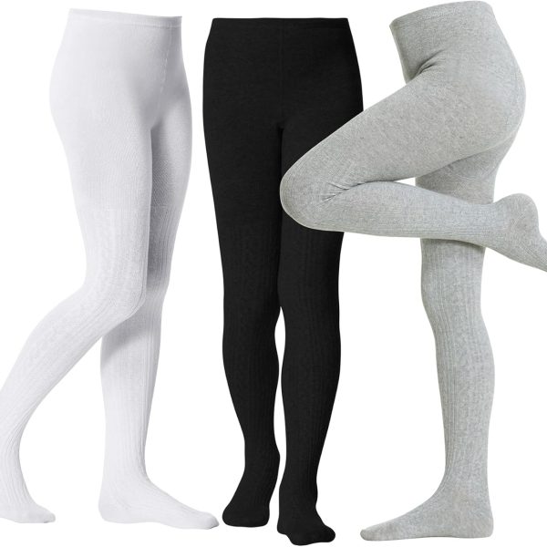 Zando 3Pack Girls Tights Kids Cable Knit Cotton Footed Seamless Tights Winter Warm Leggings Stockings for School Daily 4-12T