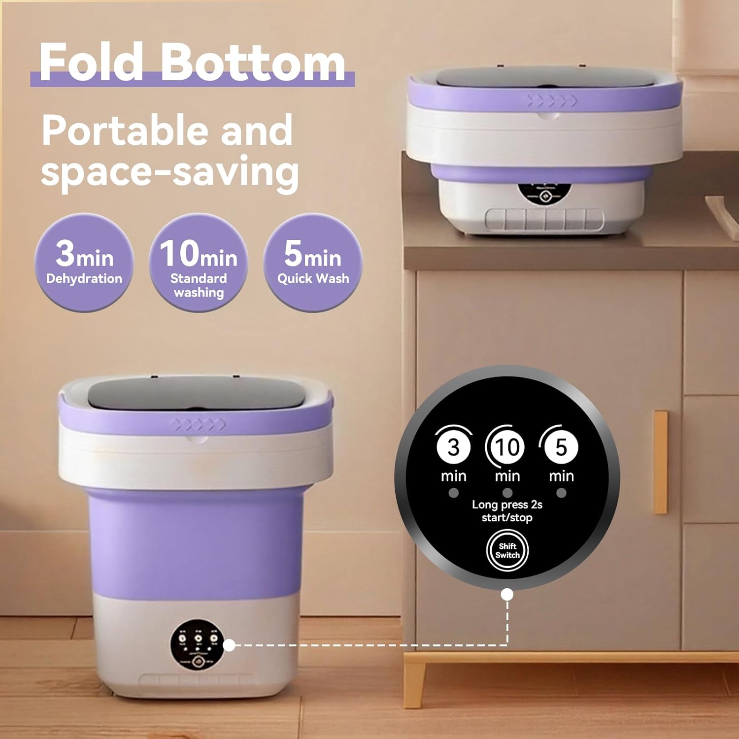 Portable Washing Machine,16L Small Washer with Spin Drainage Basket, 3 Modes Deep Cleaning Suitable for Underwear, Socks, Baby Clothes, Foldable Design Ideal for Apartments, Hotels, RV 4 Portable Washing Machine,16L Small Washer with Spin Drainage Basket, 3 Modes Deep Cleaning Suitable for Underwear, Socks, Baby Clothes, Foldable Design Ideal for Apartments, Hotels, RV - Image 4