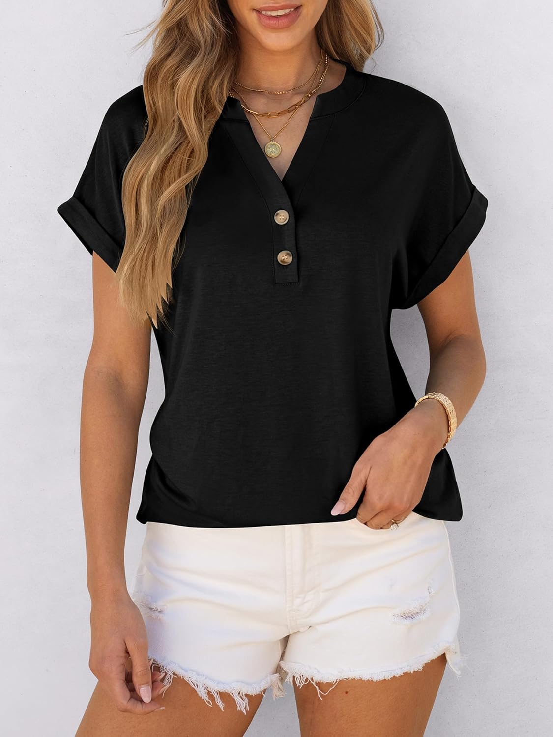 ANRABESS Womens Short Sleeve Henley Tops V Neck Dressy Casual Blouses Summer Trendy Tee Shirts 2025 Vacation Fashion Clothes 3 ANRABESS Womens Short Sleeve Henley Tops V Neck Dressy Casual Blouses Summer Trendy Tee Shirts 2025 Vacation Fashion Clothes - Image 3