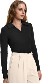 WIHOLL Womens Polo Shirts Long Sleeve Business Casual Tops Collared V Neck Ribbed Knit Sweater Slim Fit Blouses - Image 3