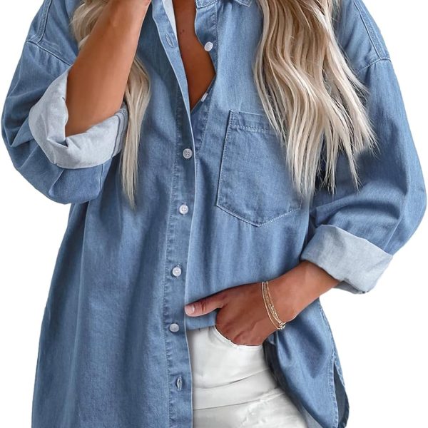 Astylish Women Denim Shirts Button Down Blouse V Neck Casual Tops